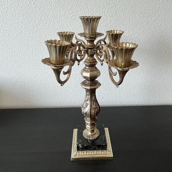 Hollywood Regency Candelabra // Five Arms // Marble Base Made in Italy // Dilly - Picture 1 of 7